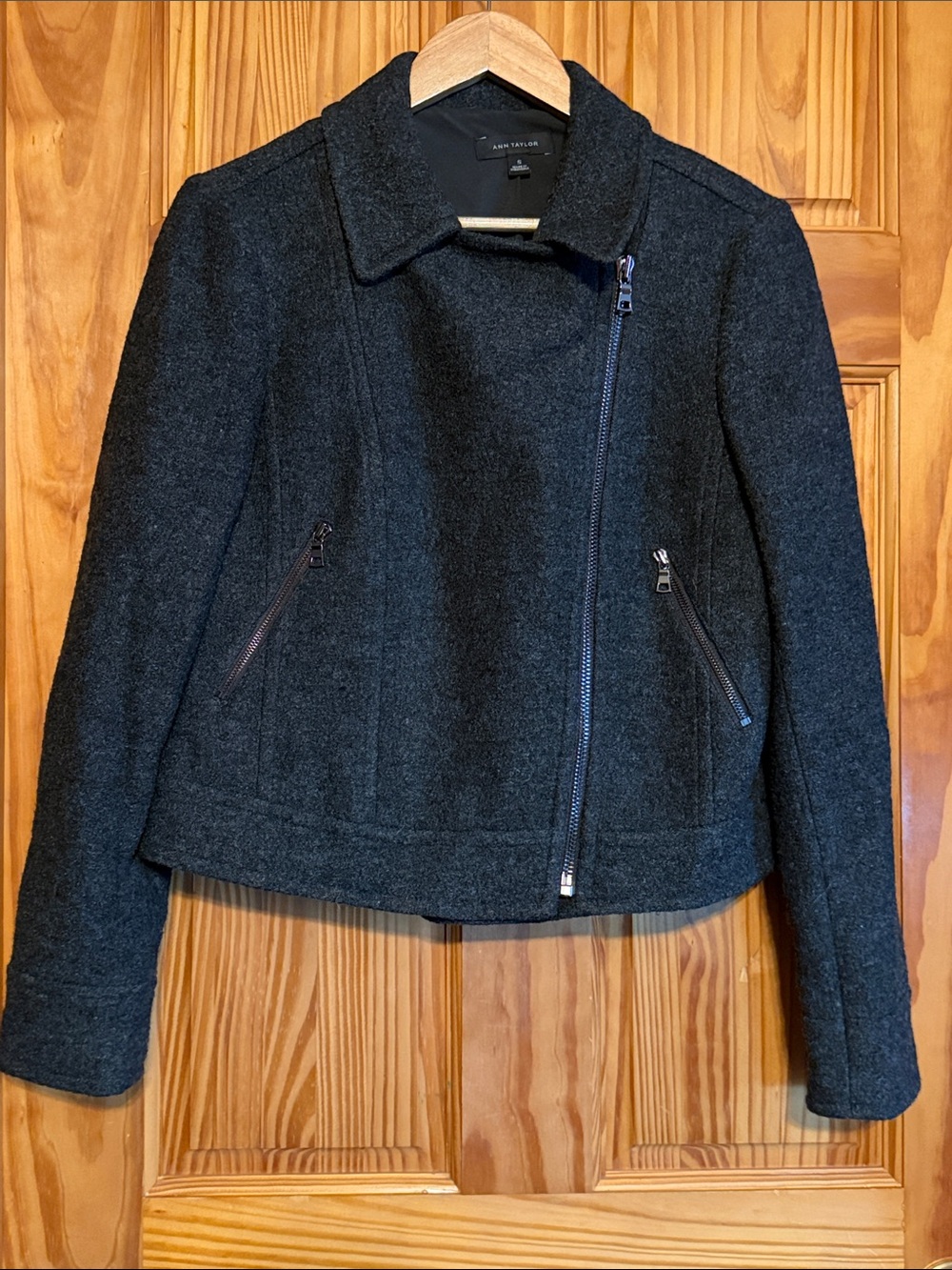 Ann Taylor Charcoal Wool-Blend Asymmetrical Zip Jacket
